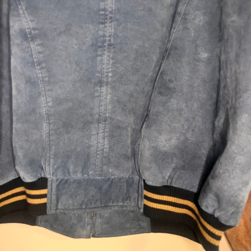 Dunbrooke Vintage Suede Bomber Jacket Mens XL Blue Tan Austin Lime Safety Award - Picture 6 of 8